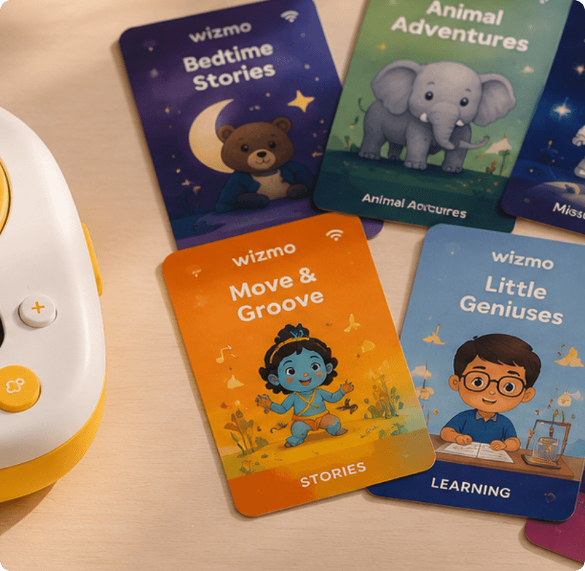 Wizmo story cards including Bedtime Stories, Animal Adventures, Move & Groove and Little Geniuses