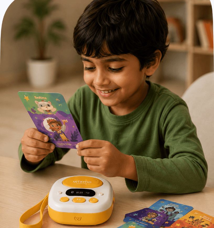 A boy smiling at a Wizmo story card with the Wizmo player on the table in front of him