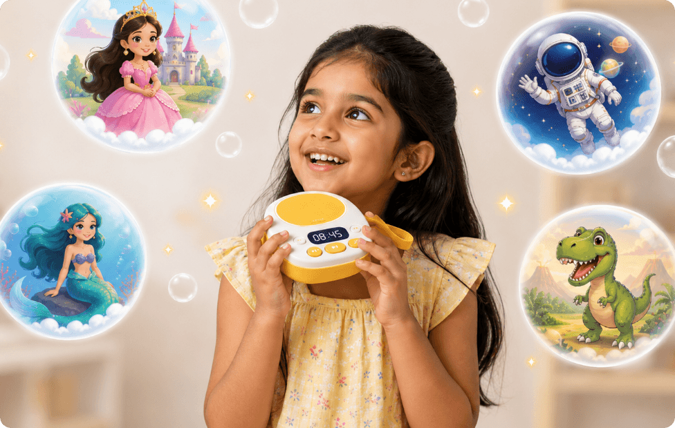 A smiling girl holding the Wizmo player, surrounded by bubbles showing a princess, an astronaut, a mermaid and a dinosaur